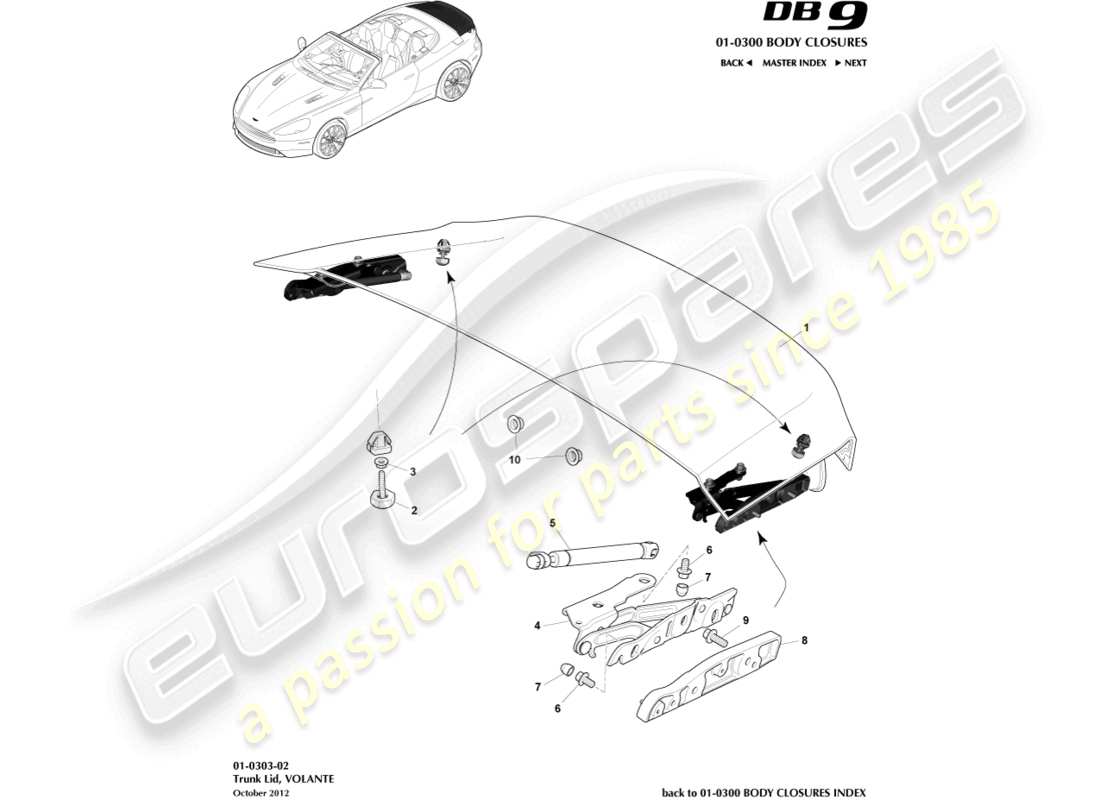 aston martin db9 (2013) tapa y bisagra del maletero, volante diagrama de piezas