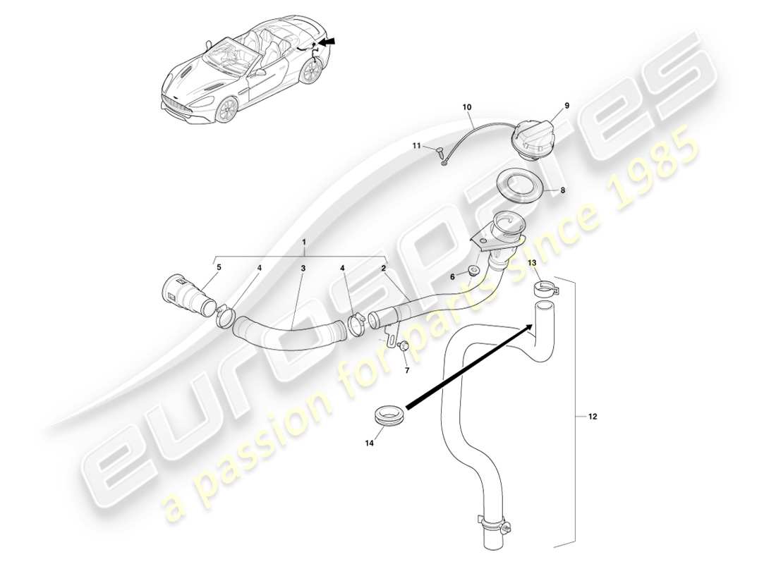 aston martin vanquish (2013) conjunto de llenado de combustible, volante diagrama de piezas