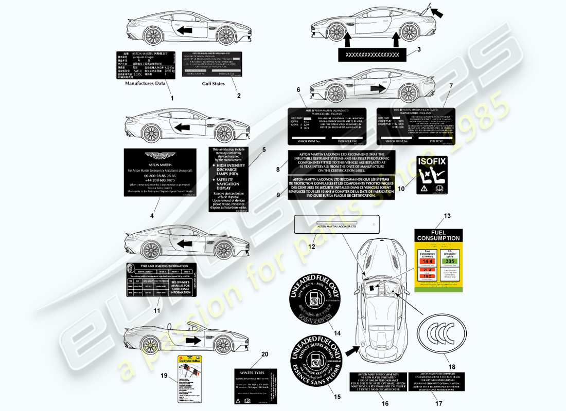 aston martin vanquish (2013) etiquetas exteriores diagrama de piezas