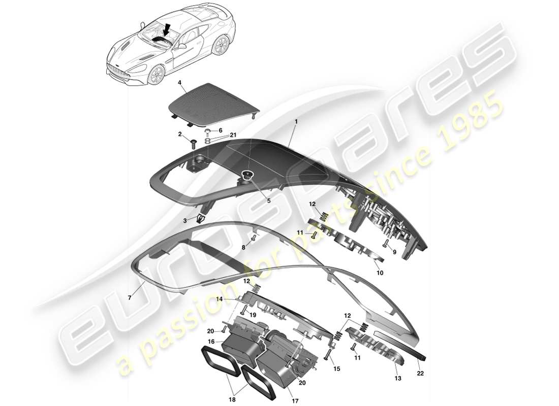 aston martin vanquish (2013) diagrama de piezas del panel de adorno de la pila central