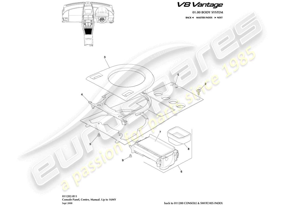 aston martin v8 vantage (2018) consola frontal, manual, a 16my diagrama de piezas