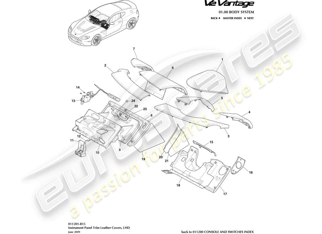 aston martin v12 vantage (2013) panel de instrumentos, diagrama de piezas lhd