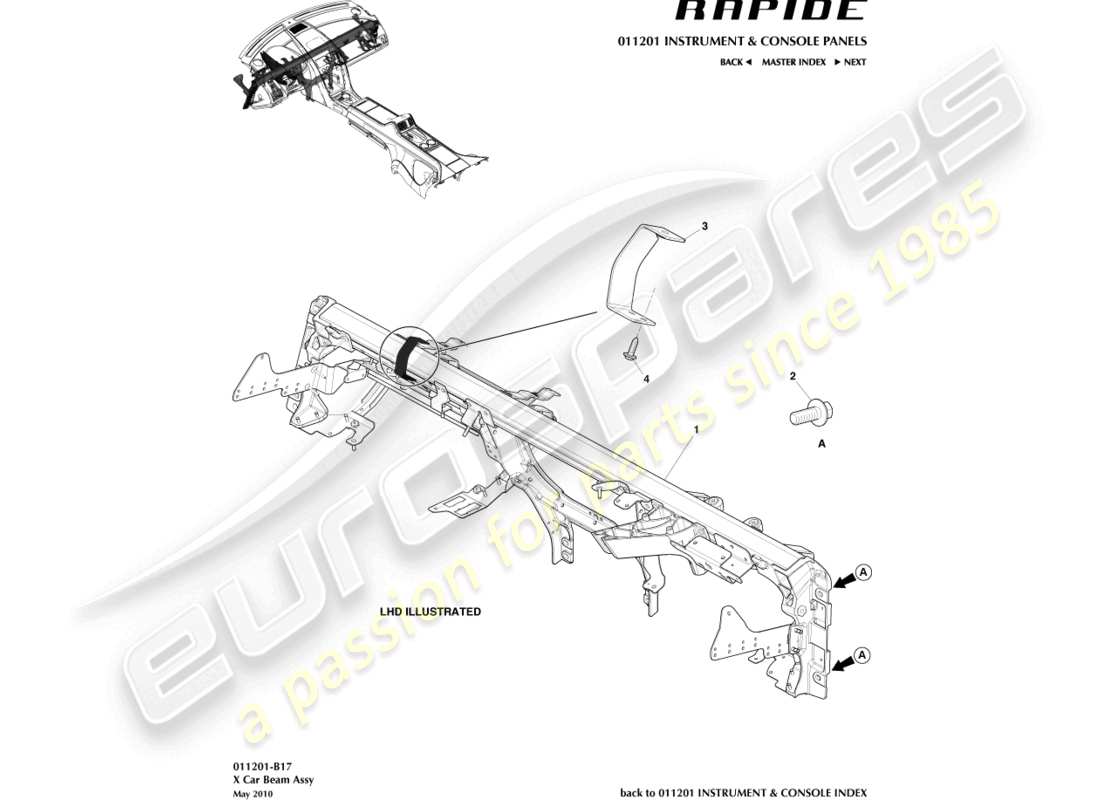 aston martin rapide (2010) viga transversal ip diagrama de piezas