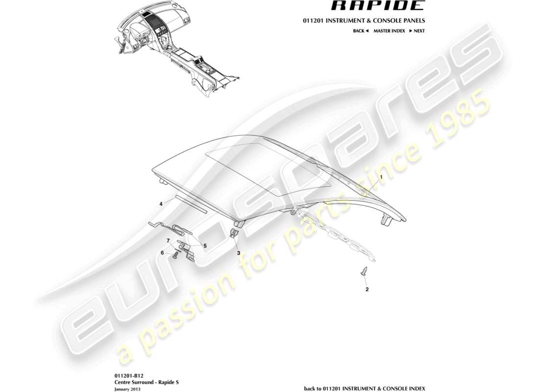 aston martin rapide (2010) panel embellecedor de la consola central, s diagrama de piezas