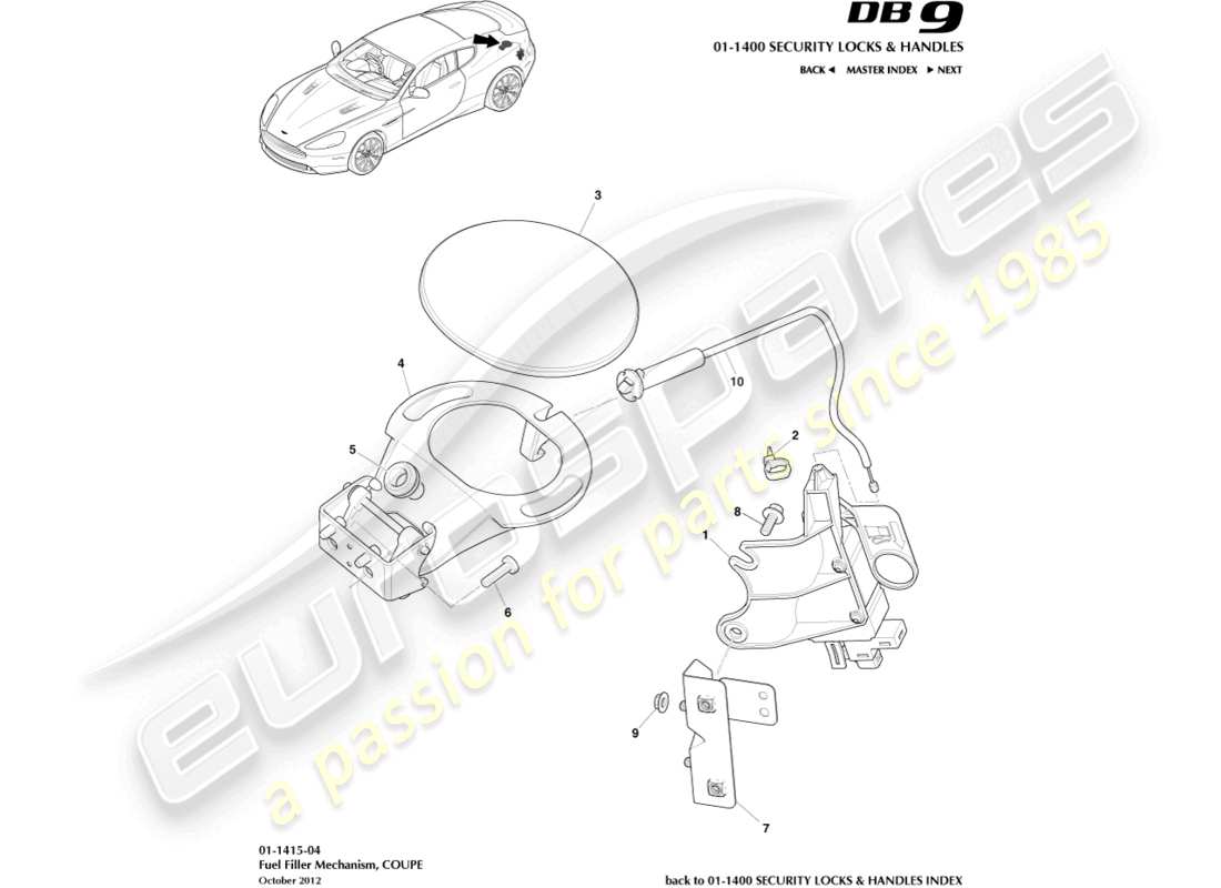 aston martin db9 (2017) mecanismo de llenado de combustible, cupé diagrama de piezas