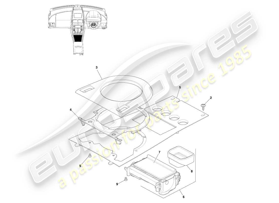 aston martin v8 vantage (2005) consola frontal, manual, a 16my diagrama de piezas