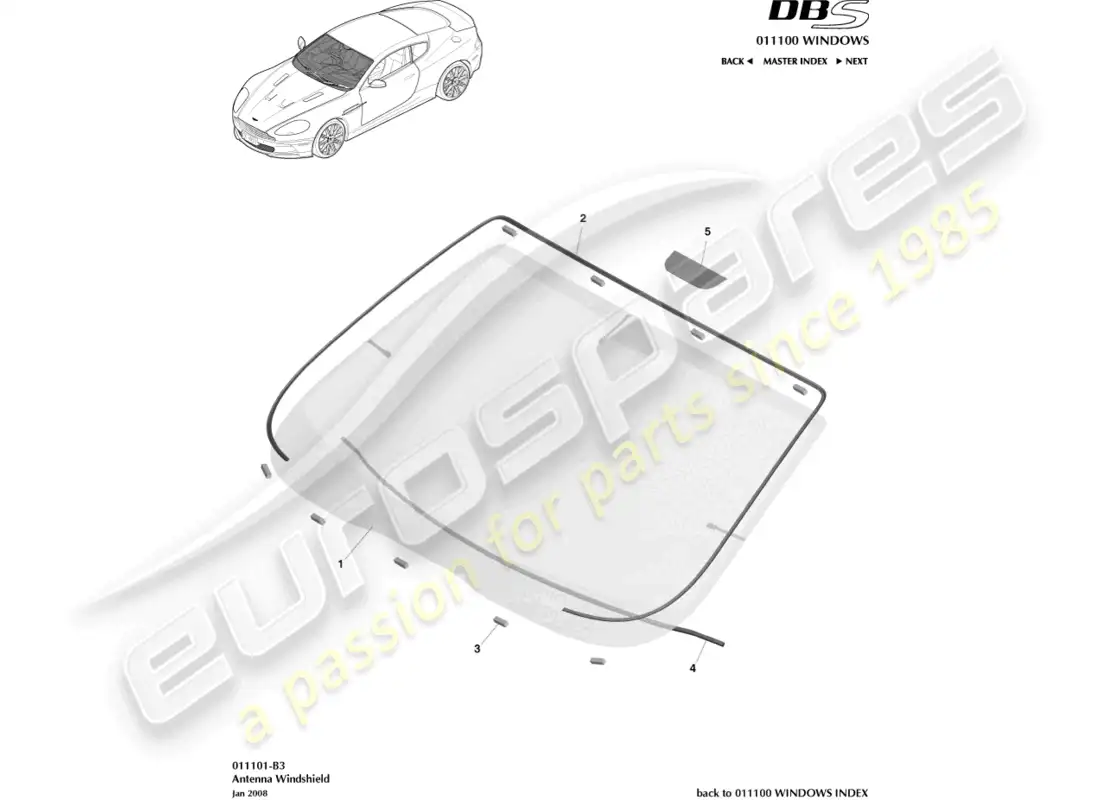 aston martin dbs (2007) parabrisas diagrama de piezas