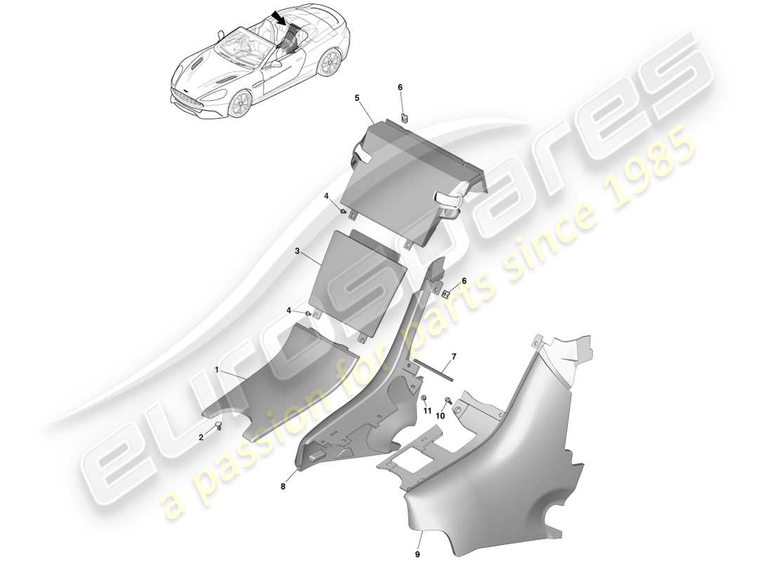 aston martin vanquish (2014) consola trasera, diagrama de piezas del volante