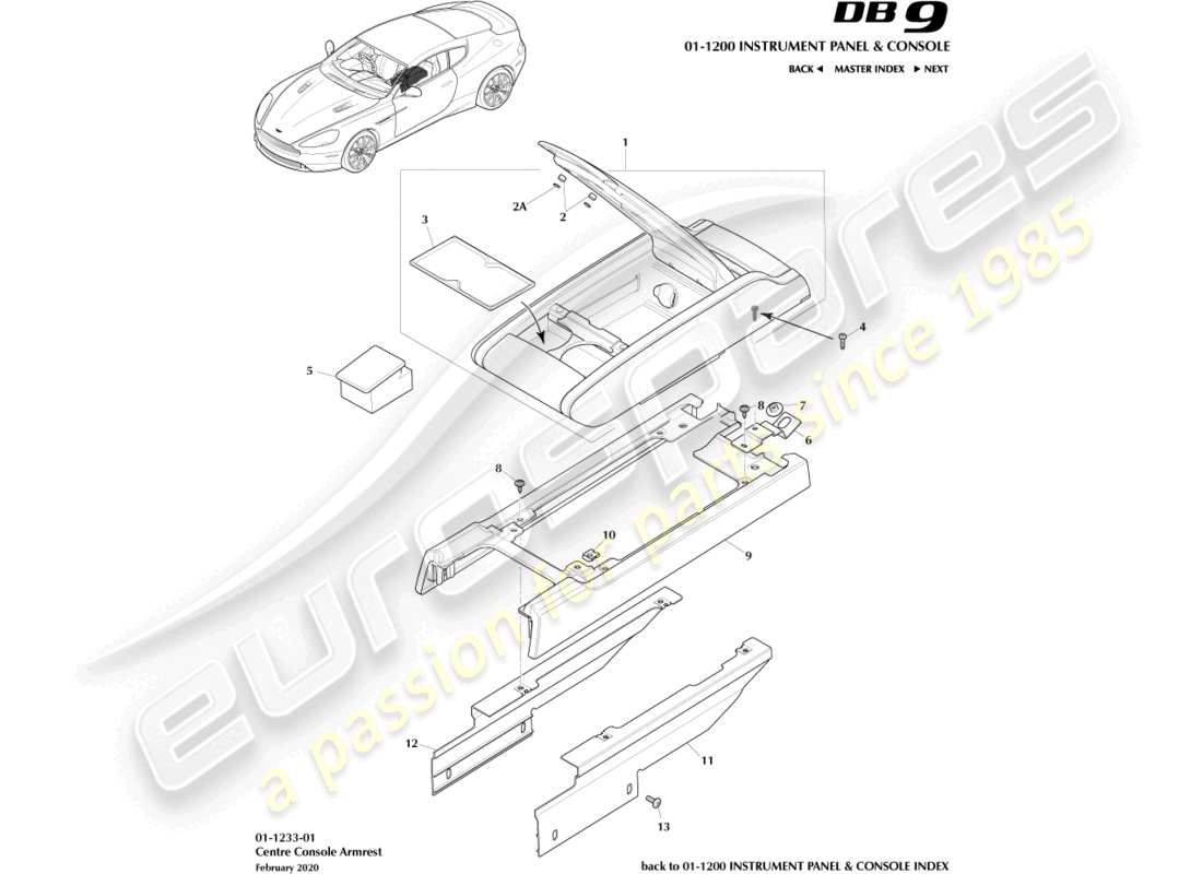 aston martin db9 (2015) diagrama de piezas del reposabrazos de la consola central