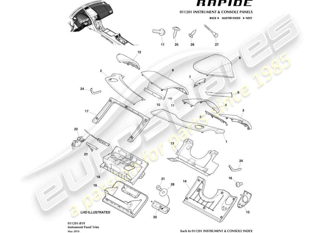 aston martin rapide (2016) paneles recortados ip diagrama de piezas