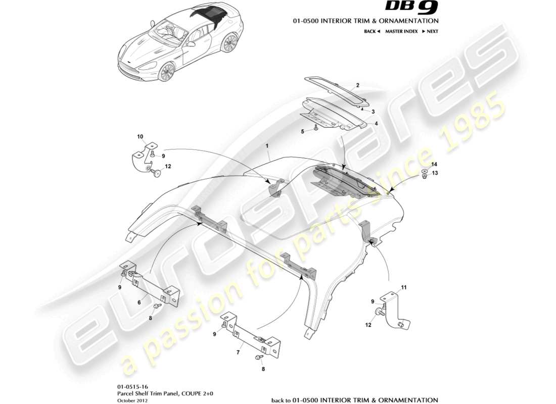 aston martin db9 (2016) panel embellecedor del estante para paquetes, 2+0 diagrama de piezas del cupé