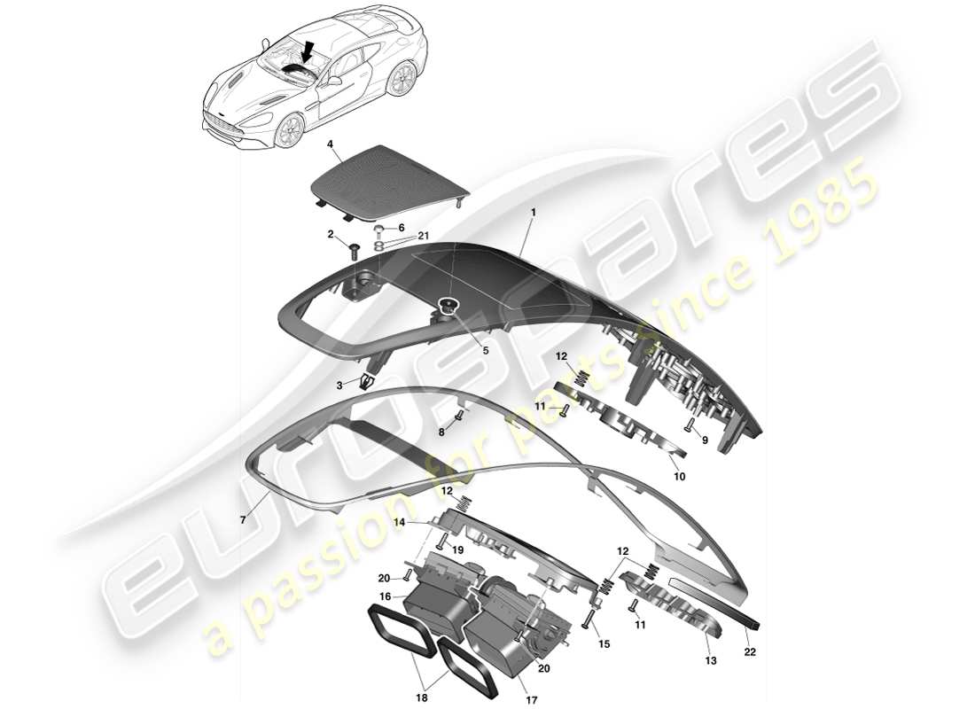 aston martin vanquish (2014) panel de moldura de la consola central diagrama de piezas