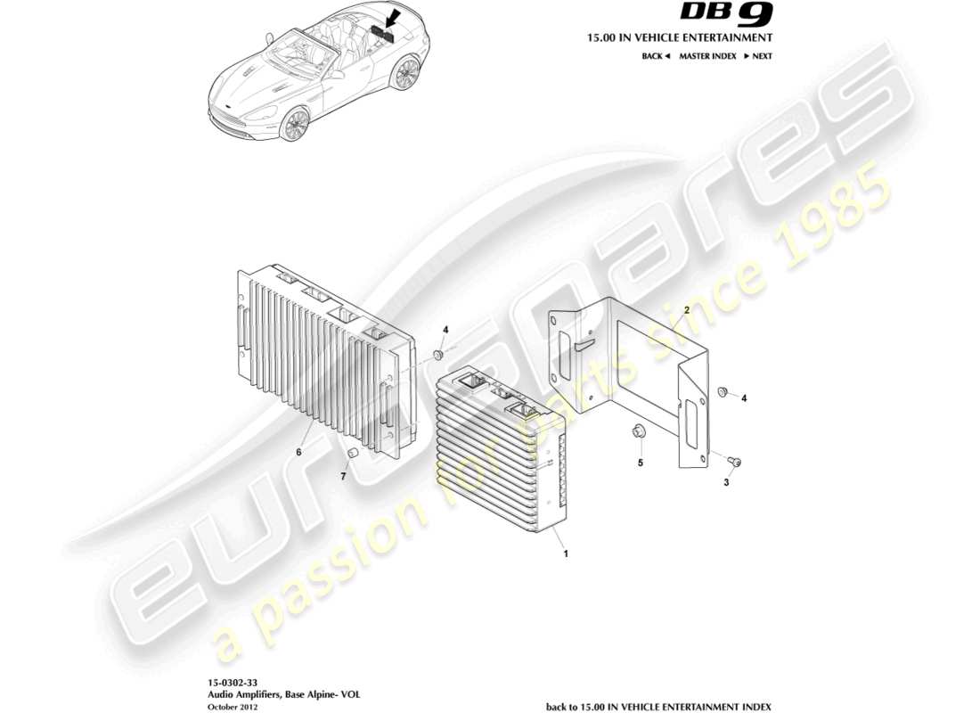 aston martin db9 (2016) amplificadores, alpine, diagrama de piezas de volante