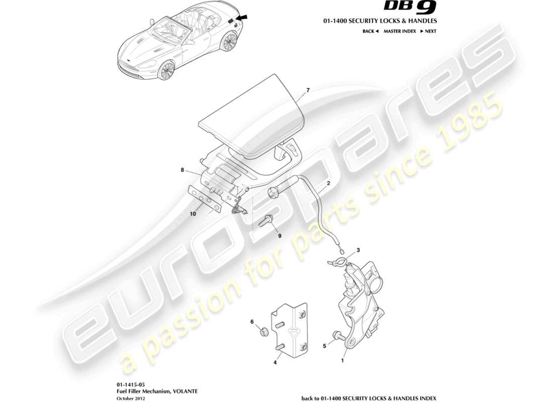 aston martin db9 (2015) mecanismo de llenado de combustible, diagrama de piezas de volante