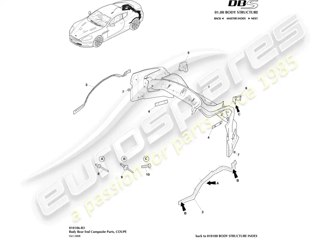 aston martin dbs (2007) parte trasera de carrocería de material compuesto, coupé diagrama de piezas