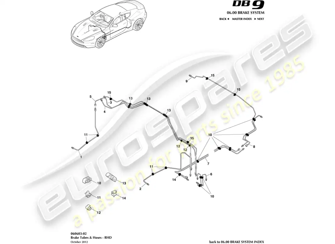 aston martin db9 (2013) líneas y mangueras de freno, lado derecho diagrama de piezas