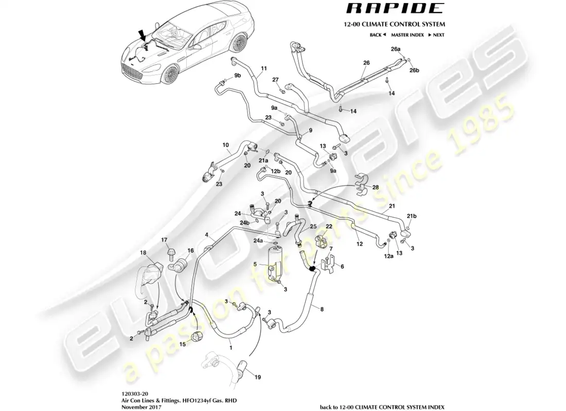 aston martin rapide (2017) líneas de aire acondicionado, hfo1234yf, derecha diagrama de piezas