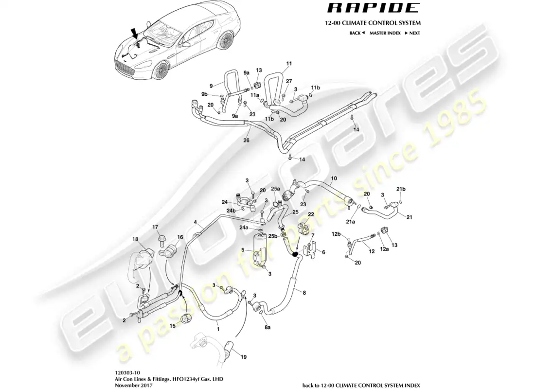 aston martin rapide (2019) líneas de aire acondicionado, hfo1234yf, lhd diagrama de piezas