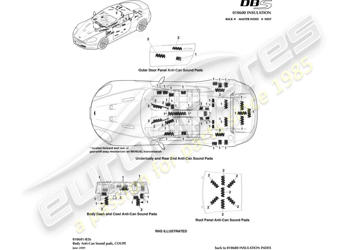aston martin dbs (2013) almohadillas de sonido anti-can, cupé diagrama de piezas