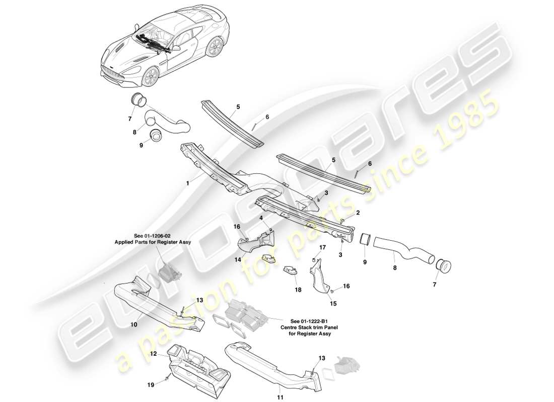 aston martin vanquish (2014) diagrama de piezas de los componentes de distribución de aire