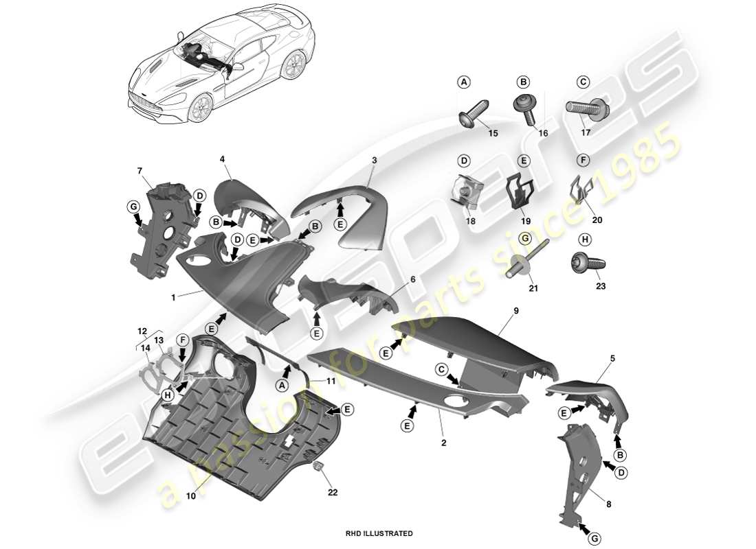 aston martin vanquish (2014) paneles recortados ip diagrama de piezas