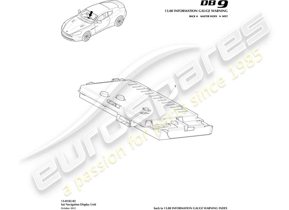 aston martin db9 (2016) diagrama de piezas de la pantalla de navegación por satélite