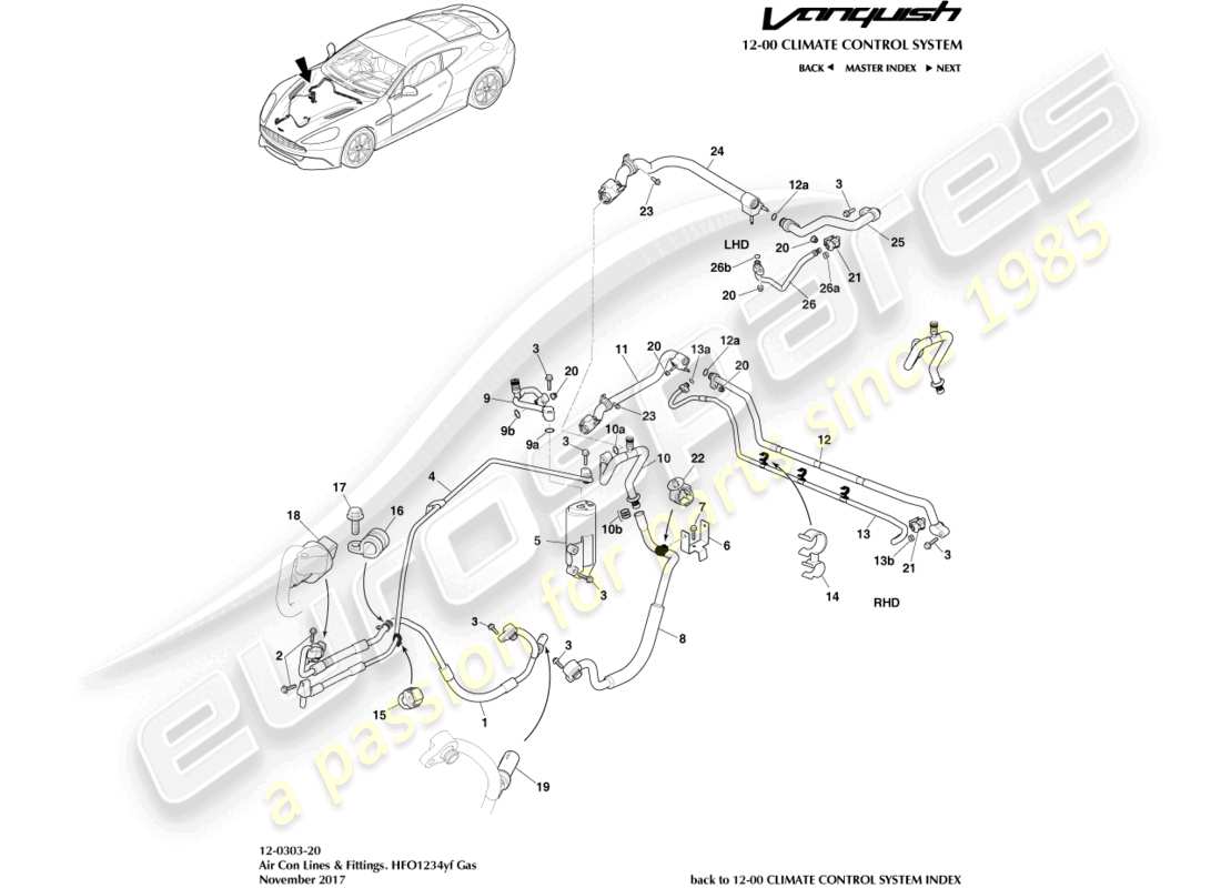 aston martin vanquish (2016) líneas de aire acondicionado, hfo1234yf diagrama de piezas de gas