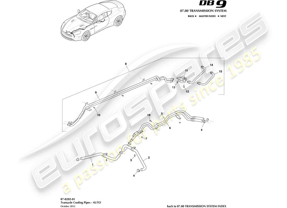aston martin db9 (2015) diagrama de piezas de los tubos del enfriador de aceite de la transmisión