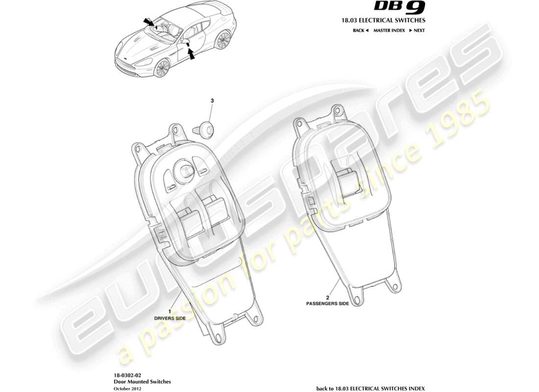 aston martin db9 (2015) diagrama de piezas de interruptores montados en puerta