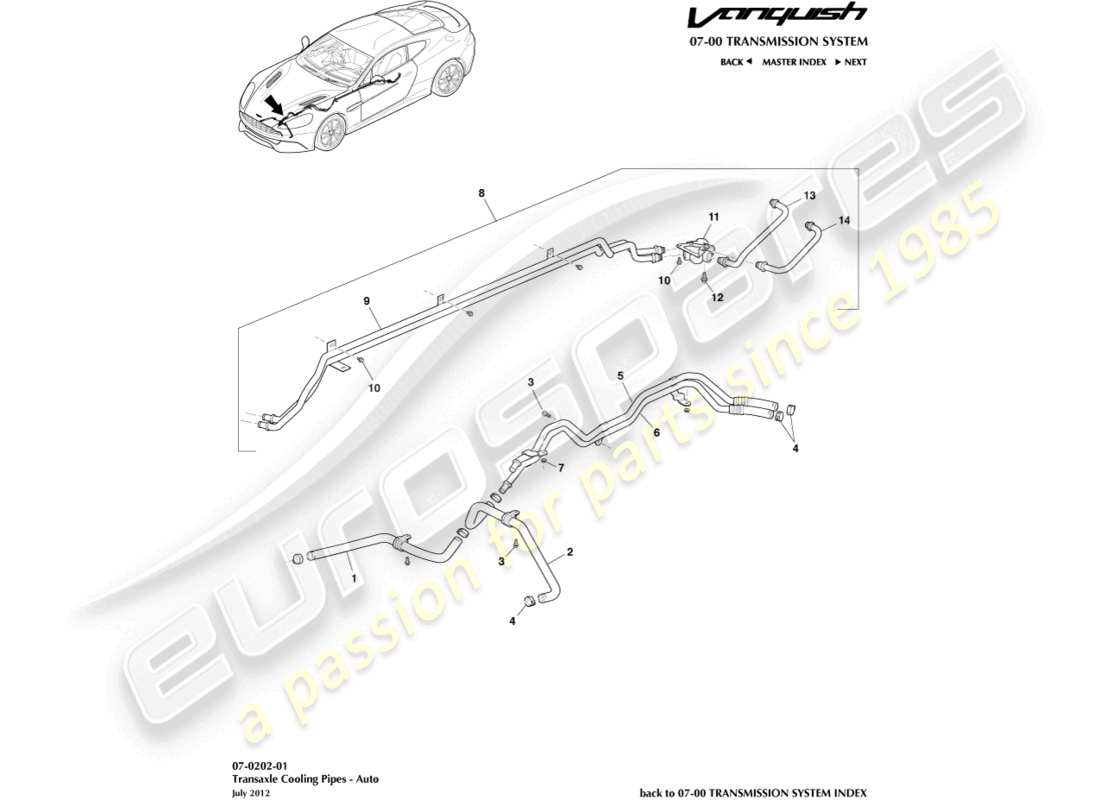 aston martin vanquish (2015) tubos de enfriador de aceite de transmisión diagrama de piezas
