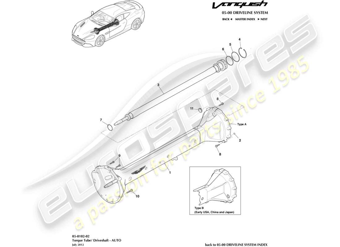 aston martin vanquish (2015) conjunto de tubo de torsión, 6 velocidad diagrama de piezas