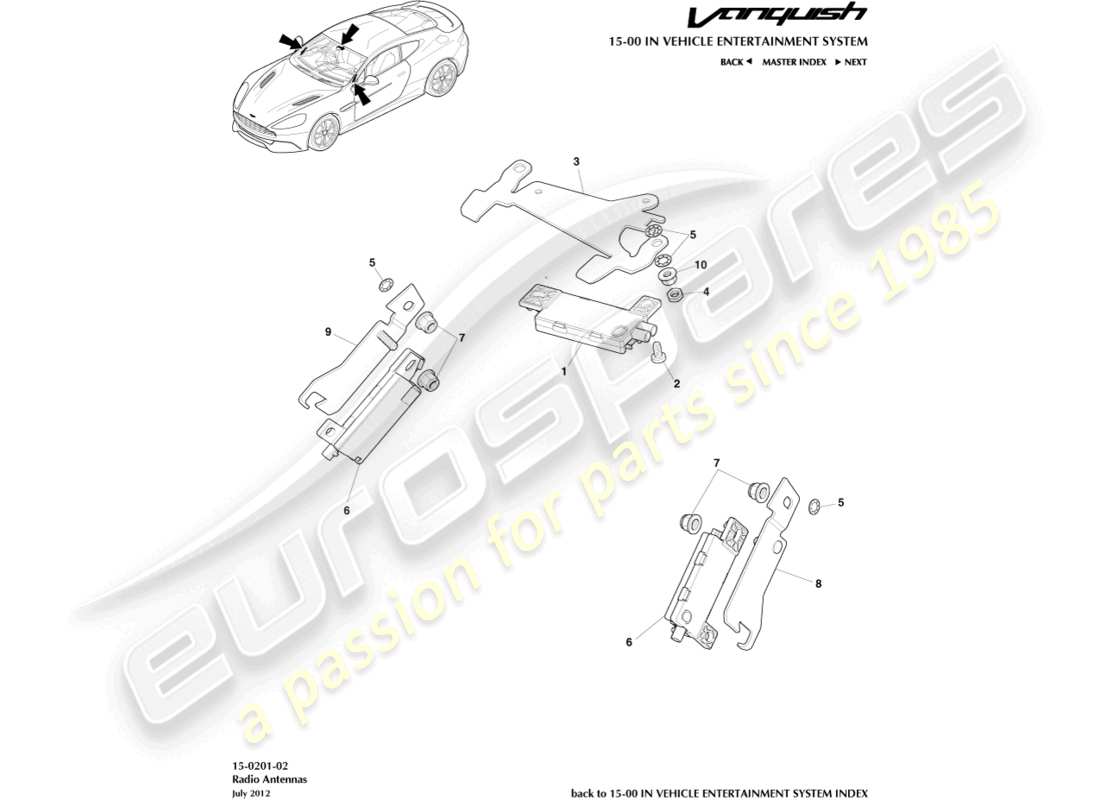 aston martin vanquish (2015) diagrama de piezas de la antena de radio