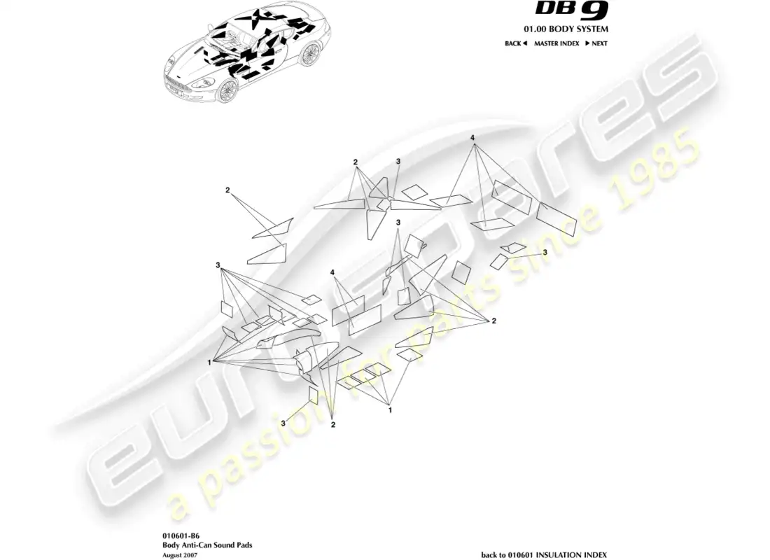aston martin db9 (2012) diagrama de piezas de las almohadillas de sonido anti-can