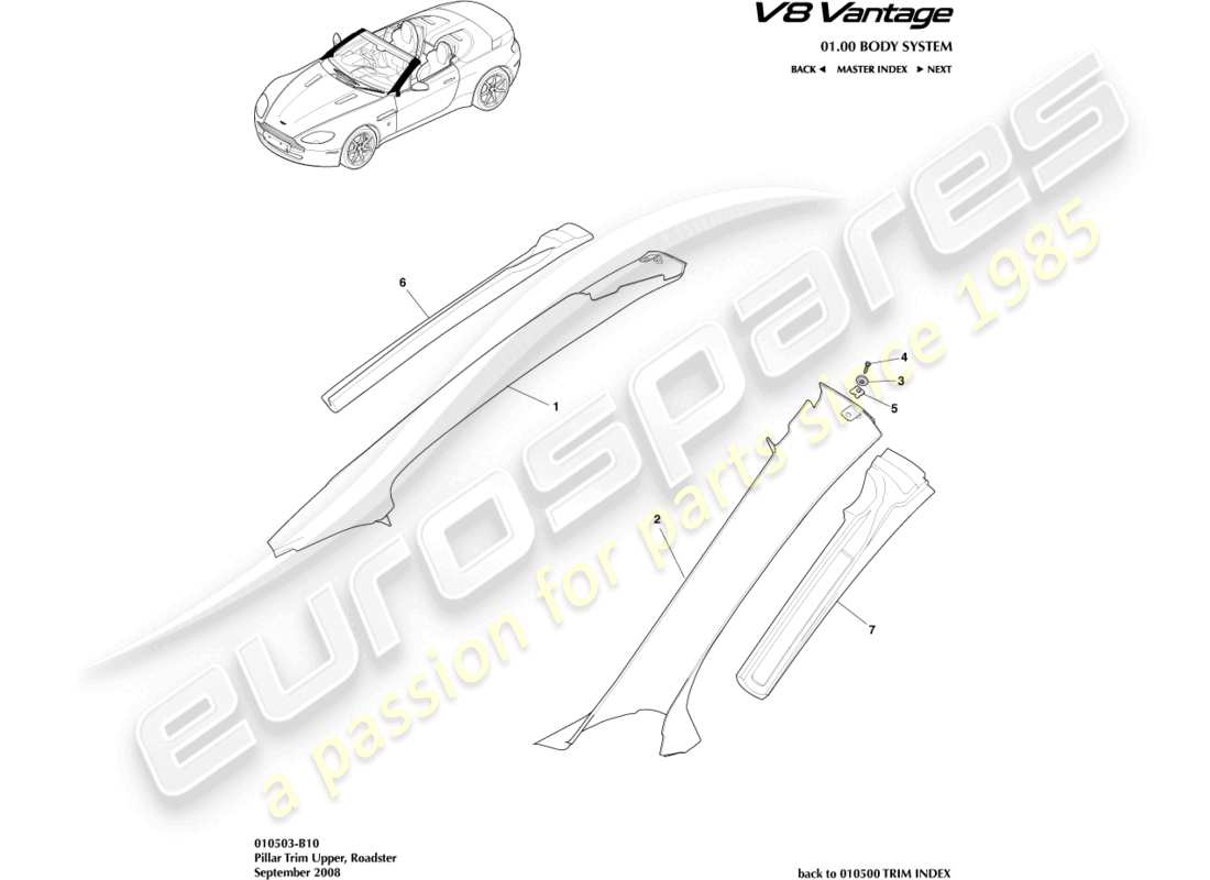aston martin v8 vantage (2006) guarnición del pilar superior, diagrama de piezas del roadster