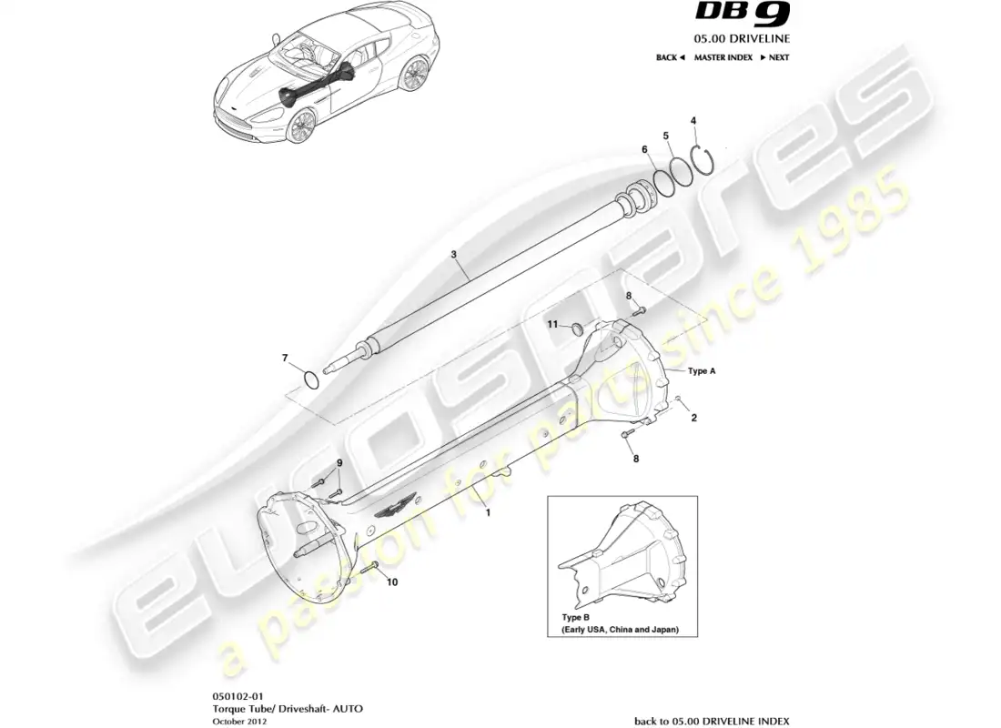 aston martin db9 (2017) conjunto de tubo de torsión diagrama de piezas