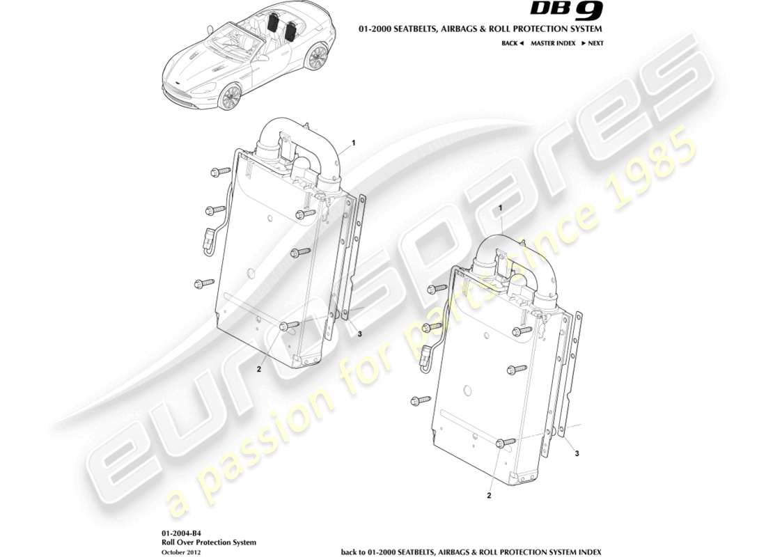 aston martin db9 (2016) barra antivuelco desplegable, diagrama de piezas de volante