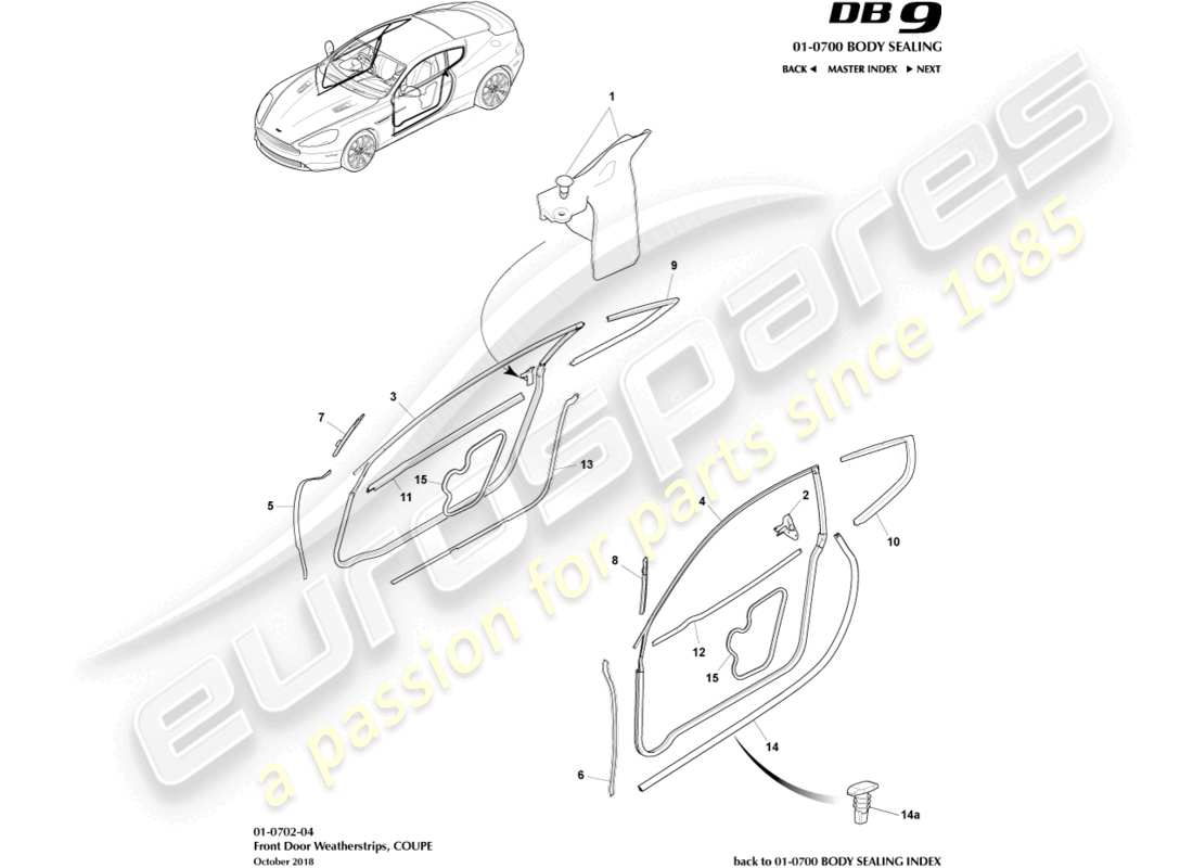 aston martin db9 (2016) burletes de puertas, diagrama de piezas del cupé