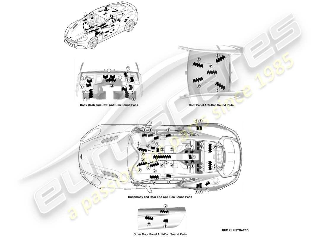 aston martin vanquish (2014) almohadillas anti-can, diagrama de piezas del cupé