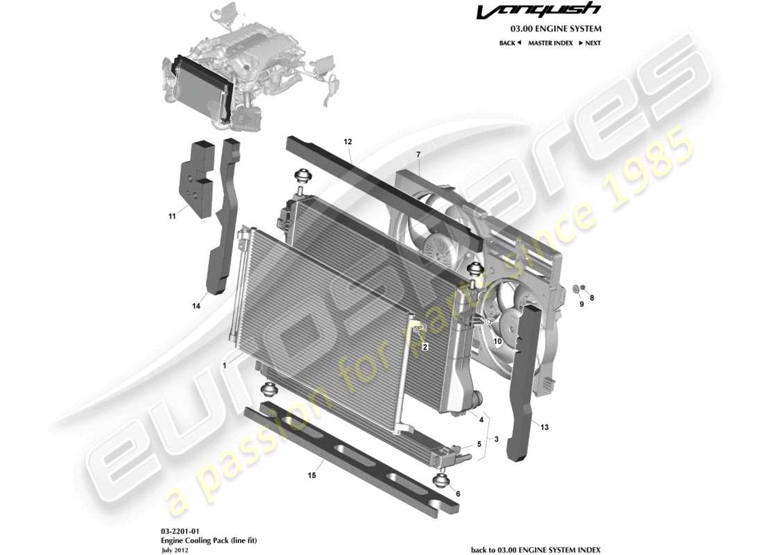 aston martin vanquish (2015) refrigeración del motor, ajuste de línea diagrama de piezas