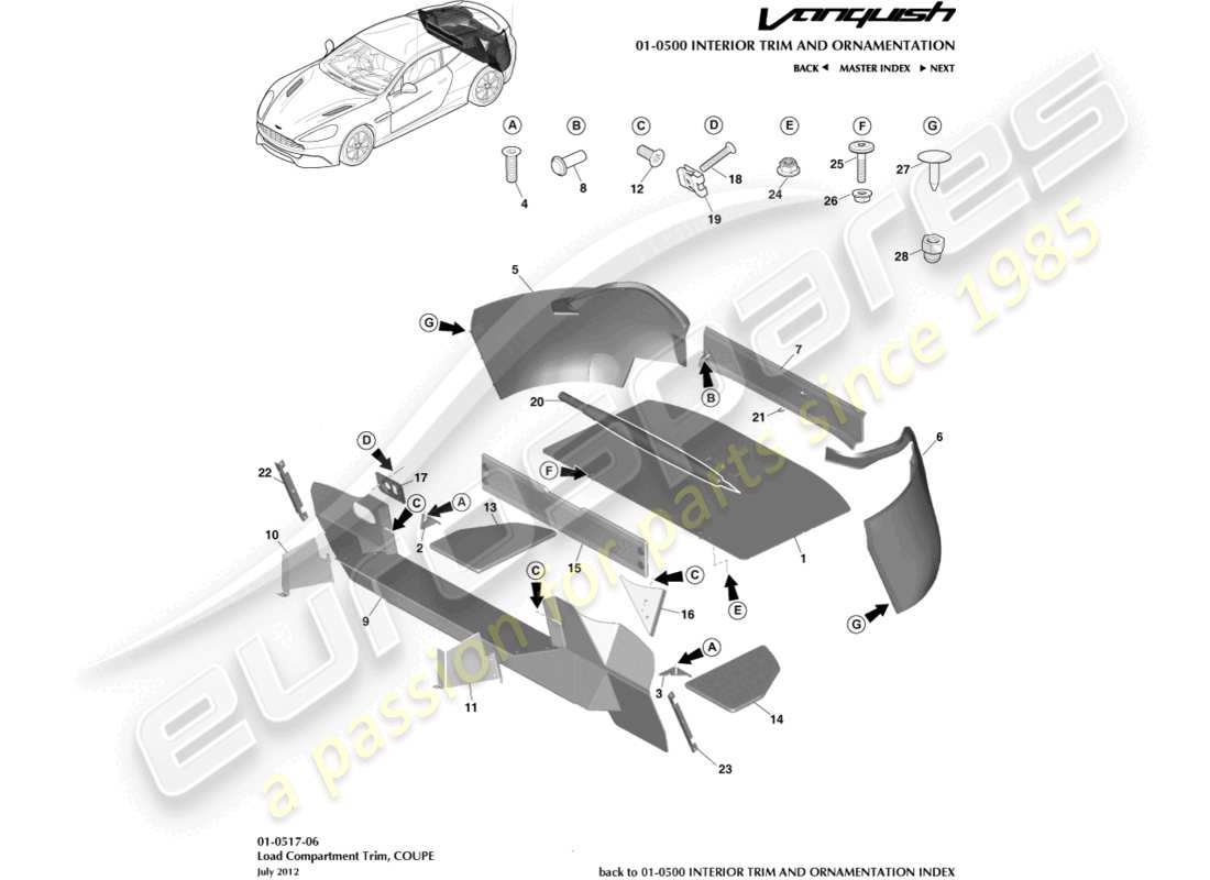 aston martin vanquish (2015) embellecedor del compartimento de carga, cupé diagrama de piezas
