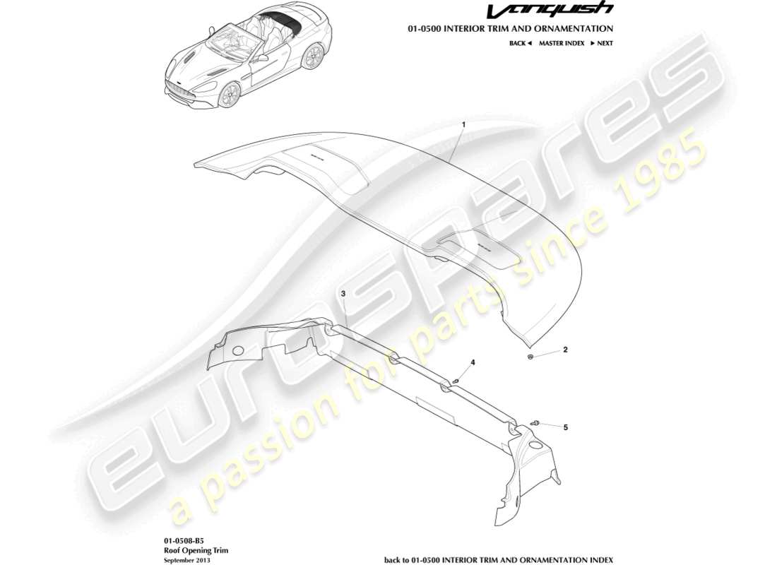 aston martin vanquish (2017) moldura de apertura del techo, diagrama de piezas de volante