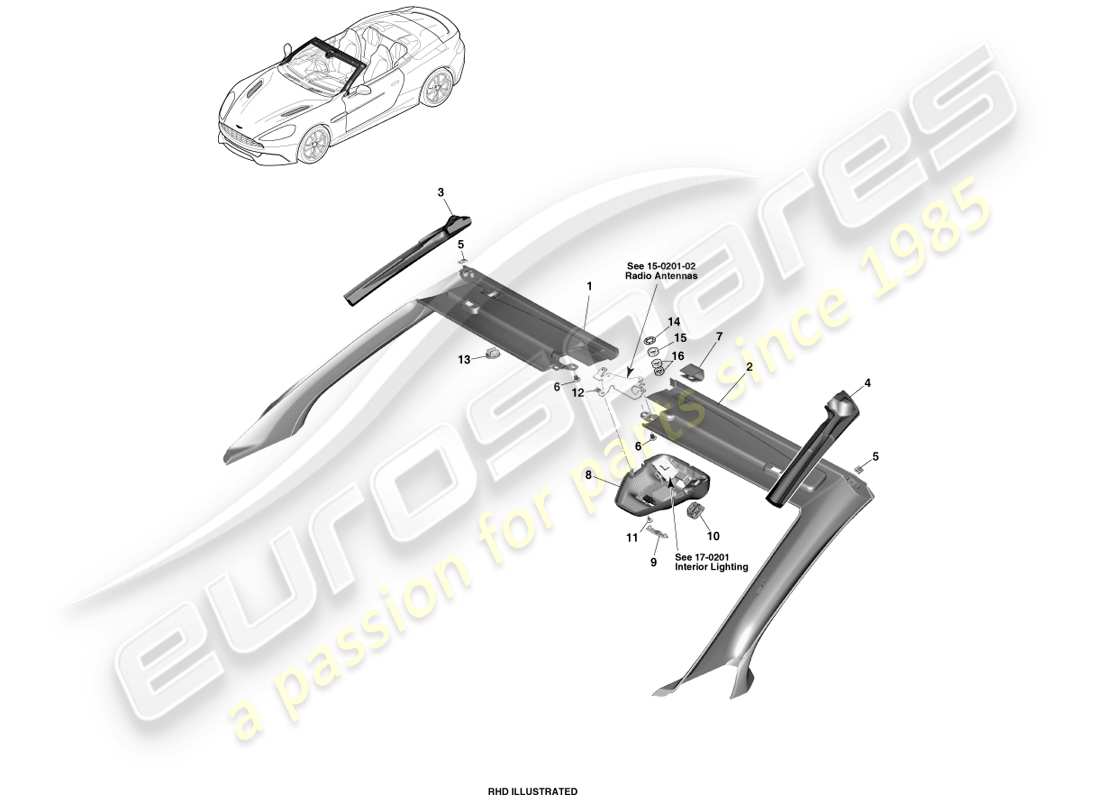 aston martin vanquish (2014) embellecedor del cabezal delantero, volante diagrama de piezas