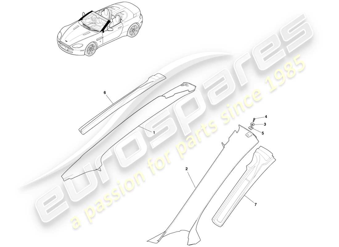 aston martin v8 vantage (2005) guarnición del pilar superior, diagrama de piezas del roadster