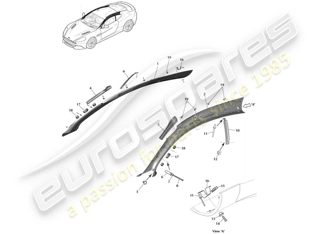 aston martin vanquish (2014) guarnición del pilar, superior, diagrama de piezas del cupé