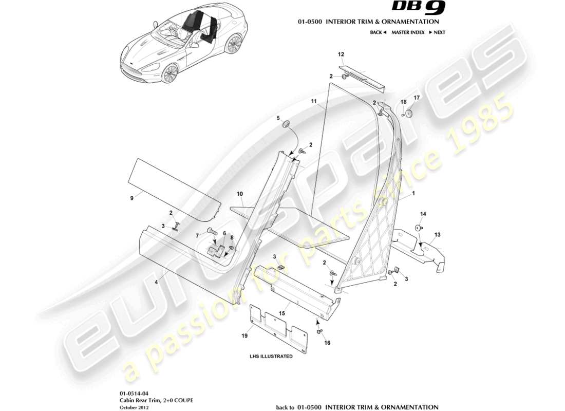 aston martin db9 (2015) guarnición trasera de la cabina, 2+0 diagrama de piezas del cupé