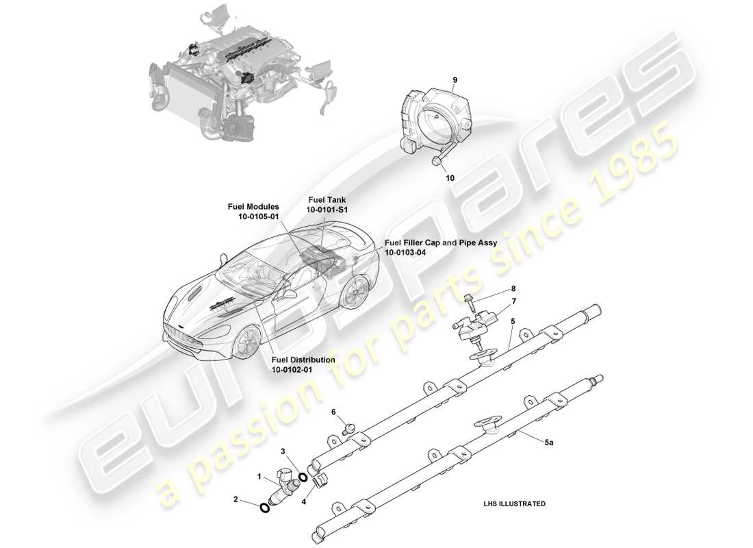 aston martin vanquish (2014) controles y carga de combustible diagrama de piezas