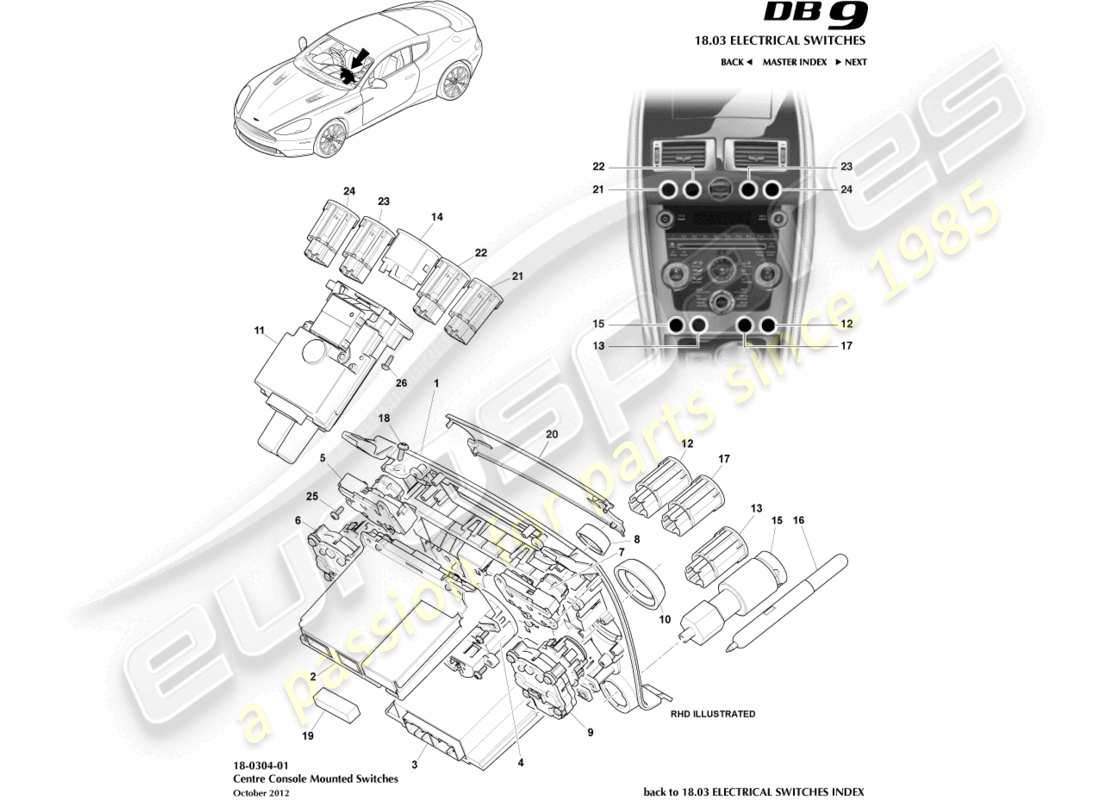 aston martin db9 (2016) interruptores de consola central, al diagrama de pieza 16my