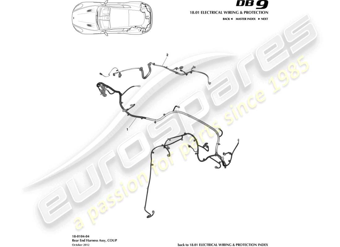 aston martin db9 (2015) arnés del extremo trasero, diagrama de piezas del cupé