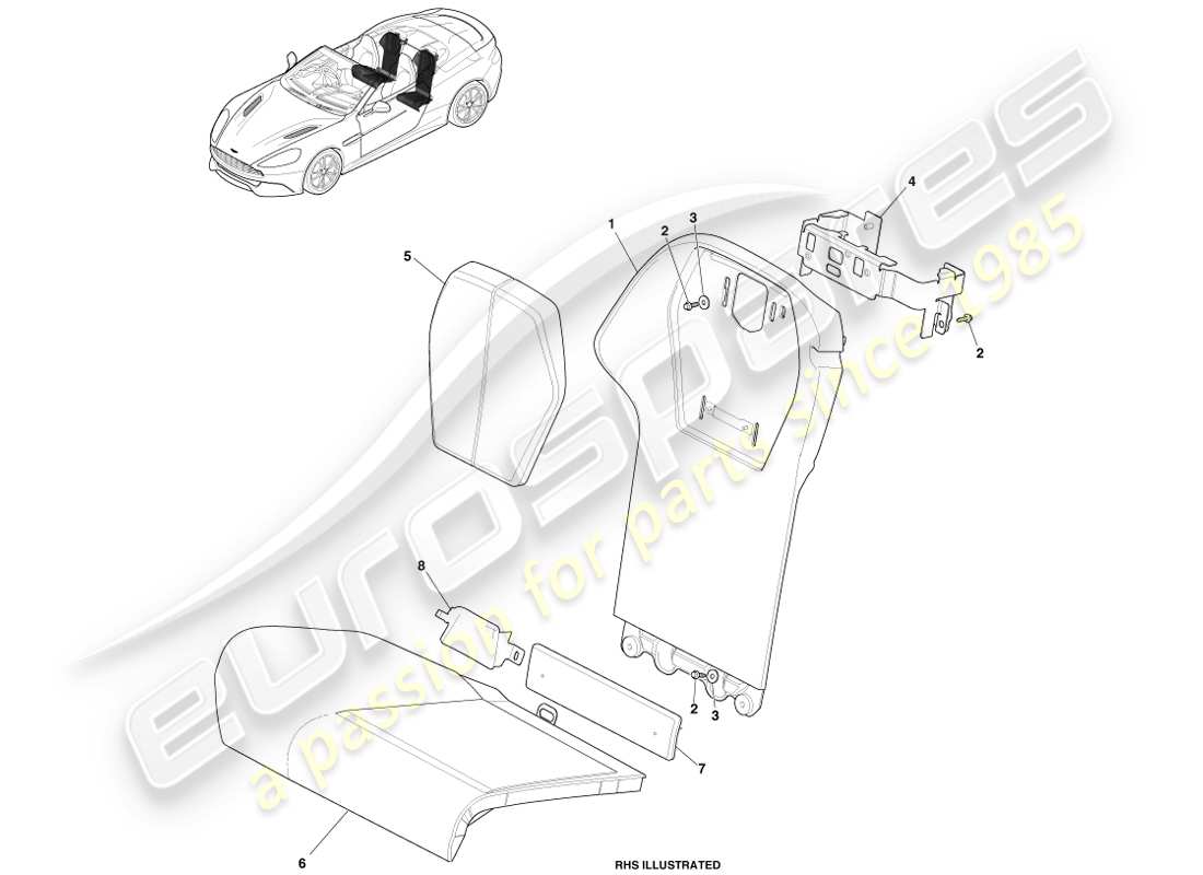 aston martin vanquish (2014) asientos traseros, diagrama de piezas volante
