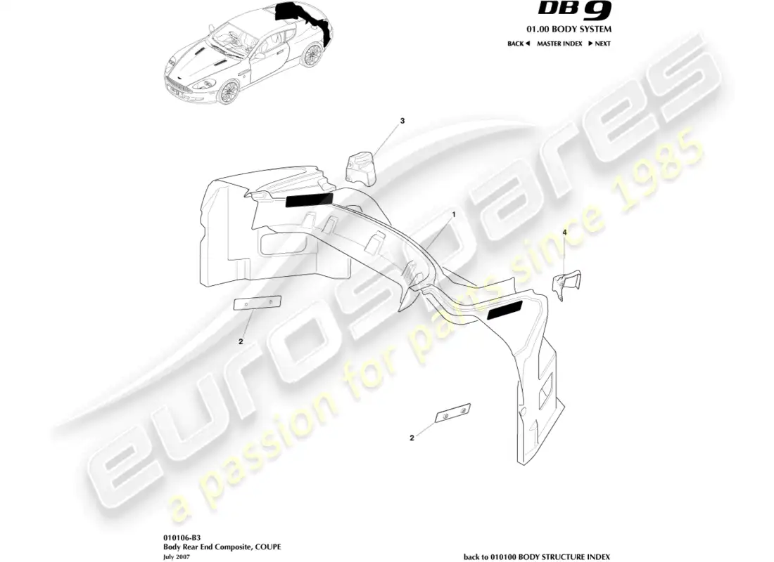 aston martin db9 (2012) parte trasera de la carrocería compuesta, diagrama de piezas del cupé